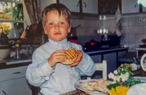 Frankie eating in the kitchen